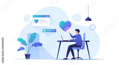 Man Working on Laptop with Digital Hearts and Abstract Background