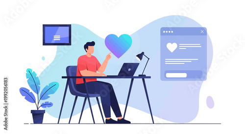 Man working on laptop with gradient heart icon, modern abstract background