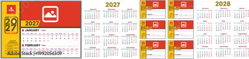 A comprehensive visual display of the 2027 and 2028 yearly calendars laid out in a grid format with monthly breakdowns and space for company information and image placeholders