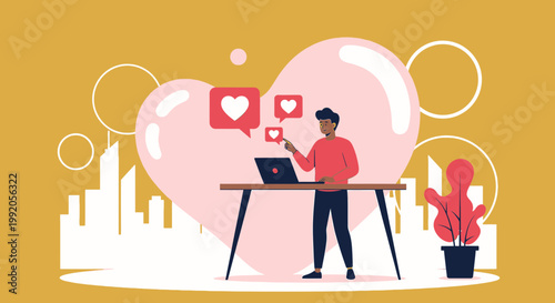 Man working on laptop with social media likes and heart icons, abstract background