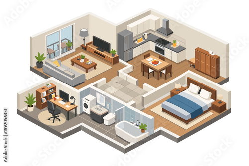 Isometric apartment interior layout with modern house rooms floor plan. Vector illustration of living room, kitchen, bedroom, bathroom, home office, and balcony with furniture and decor.