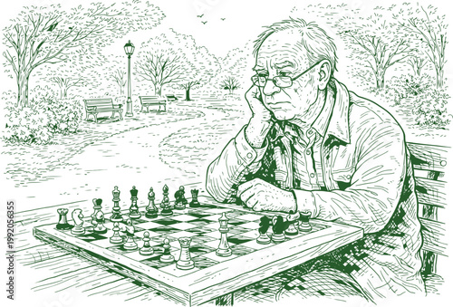 Old Man Playing Chess Alone in Park - Art
