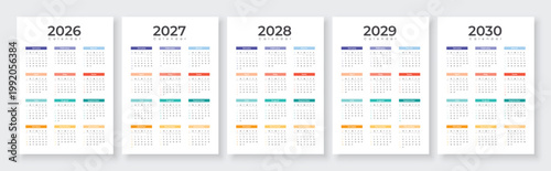 2026, 2027, 2028, 2029, 2030 year annual calendars. White background English language. Printable vector illustration set.