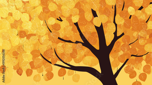 A stylized illustration depicting an autumn tree with a full canopy of golden leaves