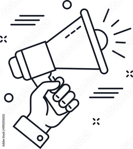 Hand holding megaphone black line icon. Vector