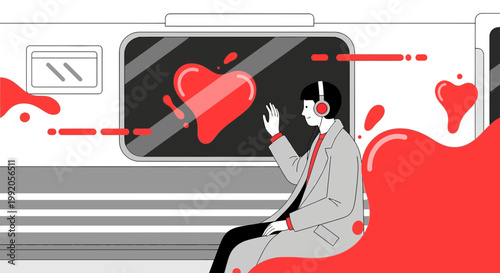 Man with Headphones on Train, Heart Symbol on Window, Love Music Concept