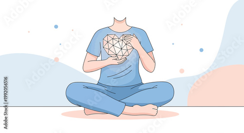 Meditating Person with Geometric Heart, Inner Peace, Mindfulness, Mental Health, Self Care