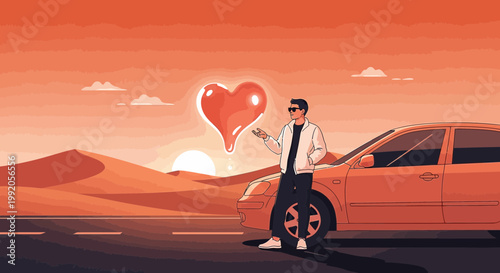 Man with Heart Balloon on Desert Road at Sunset, Retro Pixel Art Style