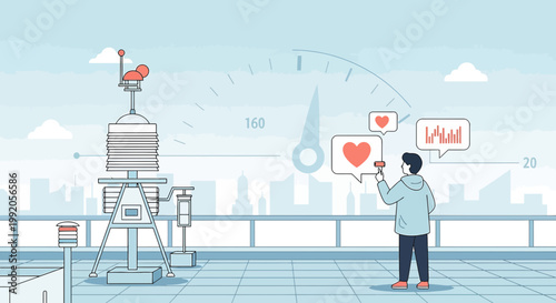 Man with heart icons and data charts near weather station, symbolizing digital connection and analysis
