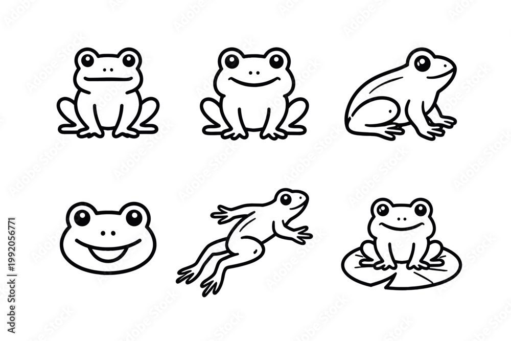Obraz premium Cute frog character icon set in simple outline cartoon vector style