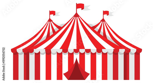A vibrant illustration of three red and white striped circus tents