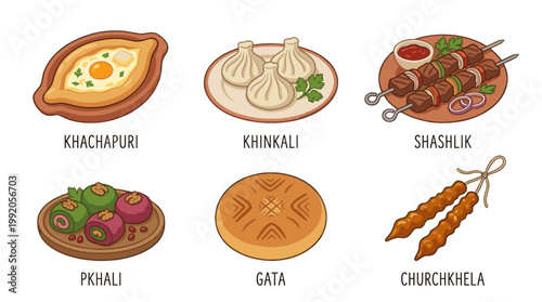 Traditional Georgian cuisine set with khachapuri khinkali and wine in flat illustration style