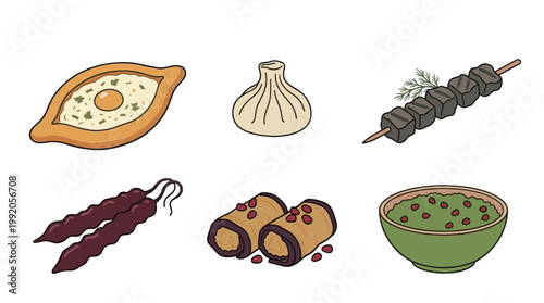 Traditional Georgian cuisine set with khachapuri khinkali and wine in flat illustration style