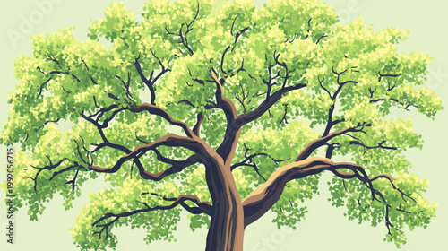 Digitized illustration of a large tree with vibrant green leaves and sturdy brown branches