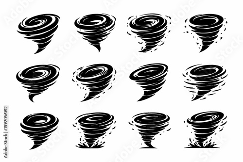 Collection of Cyclone and Tornado Icon Variations in Black Silhouette Design, Set of Simple Flat Vector Illustrations for Weather Forecasting, Natural Disaster Warning, and Storm Tracking Apps