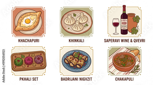 Traditional Georgian cuisine set with khachapuri khinkali and wine in flat illustration style
