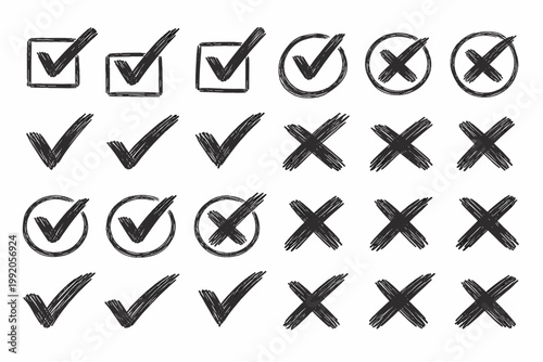 Hand-drawn check marks and crosses doodle vector set. Handwriting charcoal pencil correct or incorrect symbols. Sketchy tick and X marks in circles and squares for checklist, voting, and surveys.