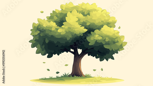 A stylized cartoon tree with a lush green crown, leaves falling, and grass. The background is a cream color