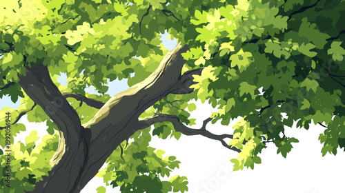 A stylized illustration featuring a lush tree canopy, vibrant green leaves, and sturdy branches