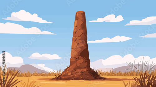 Digital art featuring a tall, brown, stone structure against a blue sky with fluffy white clouds and grassy plain