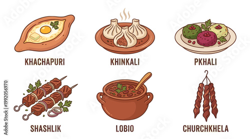 Traditional Georgian cuisine set with khachapuri khinkali and wine in flat illustration style