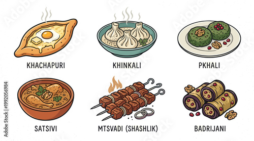 Traditional Georgian cuisine set with khachapuri khinkali and wine in flat illustration style