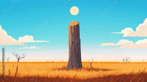 A stylized cartoon depiction of a landscape with a tree stump, bright sky, and subtle clouds