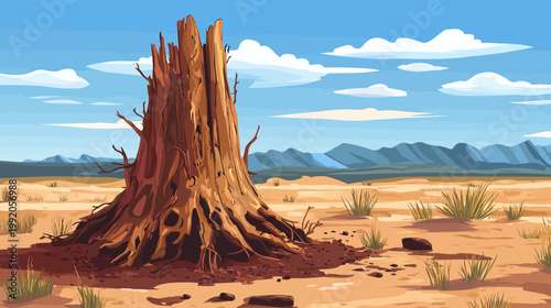 Pixelated artwork depicts a dead tree stump in a desert landscape under a blue sky