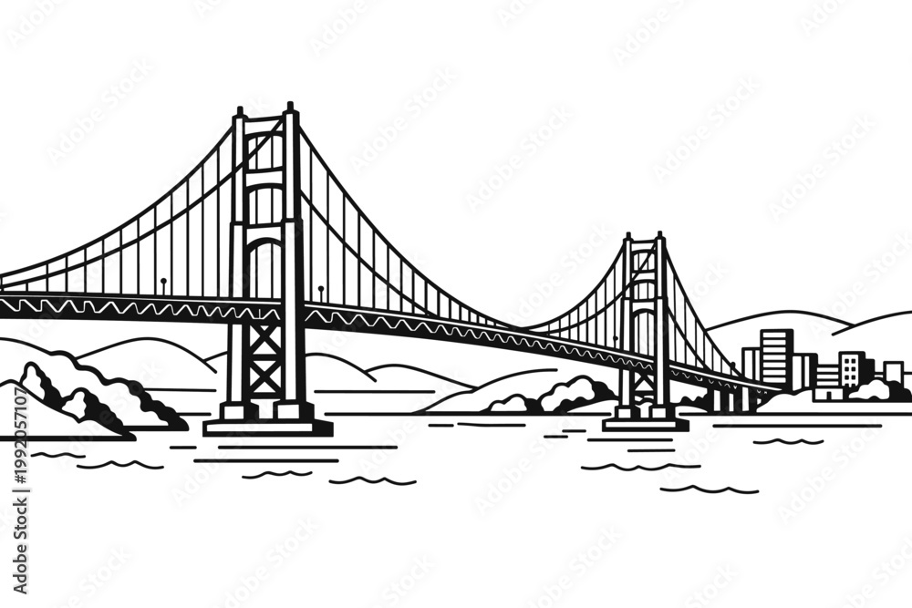 Fototapeta premium Detailed Black and White Line Art Illustration of a Suspension Bridge Spanning Across a Body of Water with Rolling Hills and a City Skyline in the Background, Minimalist Vector Design