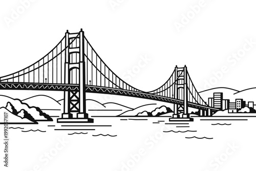 Detailed Black and White Line Art Illustration of a Suspension Bridge Spanning Across a Body of Water with Rolling Hills and a City Skyline in the Background, Minimalist Vector Design