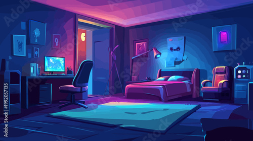 Pixelated artwork of a bedroom interior, bathed in neon blue and pink lighting. A computer desk is featured