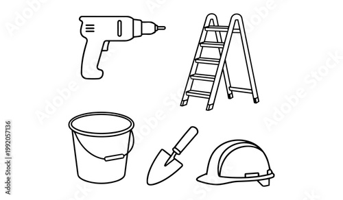 Construction Tools and Safety Equipment Vector Line Icon Set