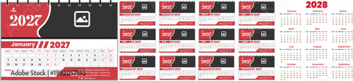 Desk English calendar 2027starting weak from Monday to Sunday. Professional 2027 and 2028 vector table calendar