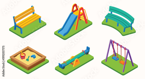 Isometric playground equipment set including benches slides and swings