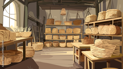 A rustic illustration showcases a workshop or shop filled with various handcrafted woven baskets