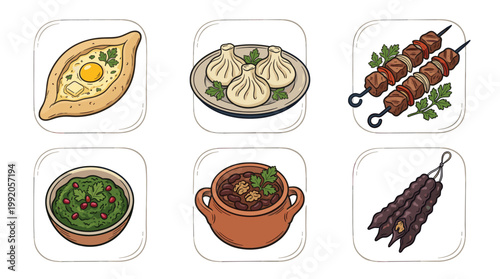 Traditional Georgian cuisine set with khachapuri khinkali and wine in flat illustration style