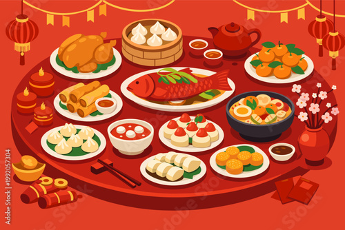 Isometric Vector Illustration of a Festive Lunar New Year Reunion Dinner Feast with Traditional Chinese Food, Fish, Dumplings, Spring Rolls, Oranges, Red Envelopes, Lanterns, and Decorations.