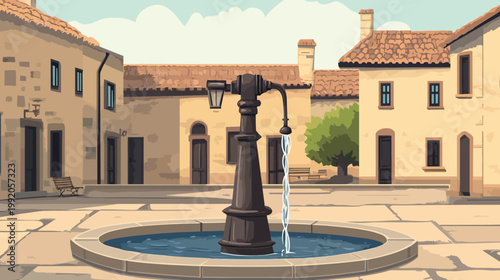 A picturesque scene of a town square featuring buildings, fountain with flowing water, and benches