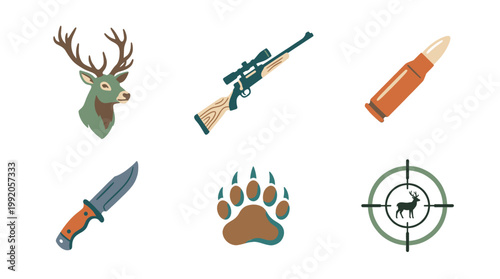 Hunting equipment and wildlife icon set in flat outdoor illustration style
