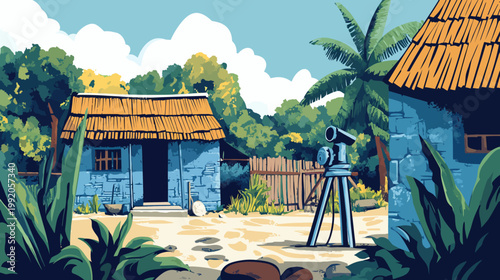 Illustration of rural architecture, telescope, and foliage under a bright sky, in a vibrant color scheme