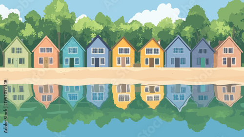 A row of colorful houses with their reflections in the water, backed by trees and sky