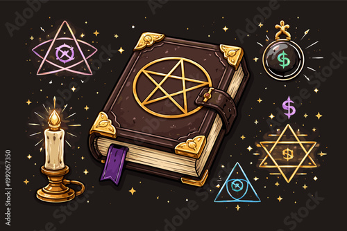Magic Spell Book with Pentagram Symbol and Icons Set, Grimoire with Occult Sign and Buckle, Ancient Mystical Tome with Candle and Esoteric Symbols for Witchcraft and Sorcery Vector Illustration