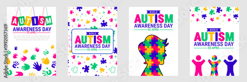 World Autism Awareness Day posters with colorful puzzle pieces and hands  promoting understanding and acceptance  autism symbols and illustrations