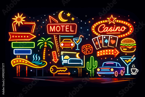Vintage Retro Neon Signs Collection for Motel, Casino, and Bar; Glowing 1950s Style Signage with Playing Cards, Dice, Cocktails, Burger, and Classic Cars; Vibrant Nightlife Advertising Banners.