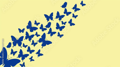 Blue butterfly silhouettes flying on a light yellow background