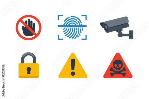 Set of Security and Safety Icons Including Access Denied Hand, Biometric Fingerprint Scan, CCTV Surveillance Camera, Yellow Padlock, Warning Exclamation Mark, and Danger Skull and Crossbones.