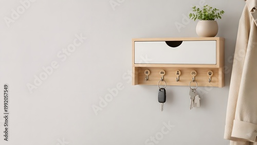 A key holder shelf is mounted on a wall. There are keys hanging from hooks below. A drawer is in the middle and a small plant sits on top. A coat hangs next to it. Sunlight is coming through