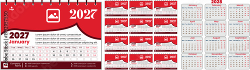 Wall calendar pages for 2027 and 2028 with red and white color scheme and spiral binding at top  various month spreads with dates and space for notes