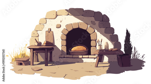 Illustration of an old-fashioned bread oven, showing a baked loaf inside and surrounding baking elements