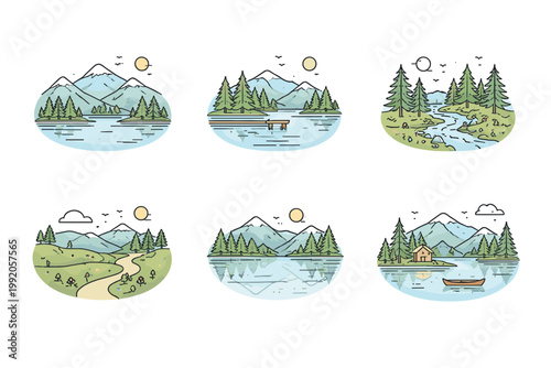 Quadro em tela Serene Landscape Line Icon Set Featuring Calm Snow Capped Mountains Quiet Lakes Pine Forests Cozy Cabin Winding Path and River Scenes for Nature Themed Graphic Design Branding and Web Projects